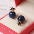 Double-sided crown stud earrings in dark blue with gold finish and glitter resin ball - Dark Blue & Gold (Main Image)