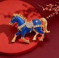 Exquisito broche de caballo en esmalte azul con diamantes de imitación dorados - Azul