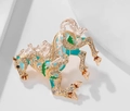 Elegante spilla a forma di cavallo dorata con smalto blu e strass bianchi brillanti - Blu