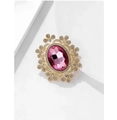 Vintage palace style crystal brooch with large oval pink gemstone and golden petals - Purplish Red