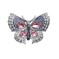 Détail d'une broche papillon avec cristaux roses et pierres bleues sur monture argentée - Rose