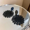 Elegant matte black hollow floral bow brooch with intricate multilayered lace texture - Black