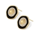 Boucles d'oreilles vintage en émail noir et or avec relief de portrait et cristaux - Clous d'Oreilles Relief Portrait Rétro