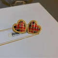 Vintage heart earrings featuring red and black plaid pattern with gold rope borders - Red Black Plaid Heart Style