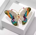 Detail of colorful butterfly brooch with rhinestones and pink teardrop pendant - Colorful Rhinestone Butterfly