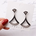 Elegant black enamel fan-shaped dangle earrings with sparkling white rhinestones - Silver