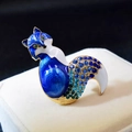 Elegant gold fox brooch with dark blue enamel and gradient blue rhinestones - Blue
