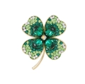 Detailed view of gold clover brooch with green rhinestones and sparkling crystals - Green Four-Leaf Clover Style (B07)