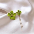 Elegant asymmetrical green flower earrings with long gold tassels on white satin fabric - Green