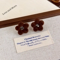 Detail view of brown flocked flower earrings with a sparkling rhinestone center for women - Dark Coffee Flower Style (27535D)