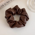 Close-up of dark brown PU leather scrunchie showing detailed faux leather grain and texture - Coffee Small