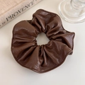 Detailed texture of dark brown PU leather scrunchie with elastic band for hair styling - Coffee Large