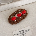 Detail of handmade crochet hair clip featuring red strawberries and white pearls texture - Three Strawberries Style (27629H)