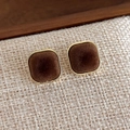 Detail of square vintage brown velvet stud earrings with elegant gold metal edging - Brown Square