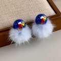 Detail of Christmas earrings featuring blue resin base with sock print and plush fur ball - Christmas Sock Style