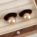 Detailed macro view of retro brown flocked velvet stud earring with champagne gold pearl - Coffee Bow with Champagne Pearl(27764B)