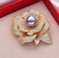 Detail of camellia brooch with purple pearl center and shimmering crystal petals - Rose Style (6218827378088) / White