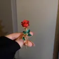 Elegant red rose brooch with green leaves and gold stem for a classic fashion look - Red Rose