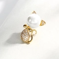Elegant gold cat brooch with large white pearl head and sparkling crystal accents - Gold
