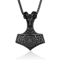 Colgante Martillo de Thor Mjölnir Vikingo Negro con Cabeza de Carnero y Valknut en Cadena Cuadrada - Cadena PL001 3.5*60cm / Negro