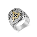 Bague maçonnique vintage en acier inoxydable avec emblème équerre et compas doré homme - Taille 7 / Or & Argent