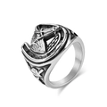 Vintage stainless steel horse head ring with horseshoe design and oxidized finish - Size 7 / Steel