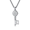 Saint Benedict Medal key pendant necklace in silver stainless steel with mirror reflection - Pendant Necklace Set / Steel