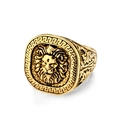Men's vintage gold lion head ring with Greek meander pattern and leaf engravings - Size 8 / Gold