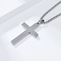 Macro shot of minimalist stainless steel cross pendant with brushed metal texture and box chain - Steel Color (3MM 60CM Chain)