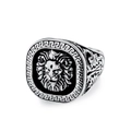 Retro stainless steel lion head ring for men with Greek meander pattern and vintage finish - Size 8 / Steel