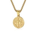 Polished golden stainless steel St. Benedict medal necklace with box chain - Gold Necklace
