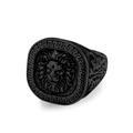 Men's matte black stainless steel lion head signet ring with Greek key border pattern - Size 8 / Black