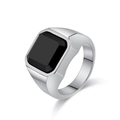 Men's silver stainless steel signet ring with large square black gemstone inlay - Size 7 / Steel