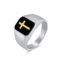 Men's silver stainless steel signet ring with black enamel and a golden cross motif - Size 7 / Gold & Silver