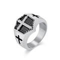 Vintage stainless steel cross shield ring for men with retro black embossed details - Size 7 / Steel