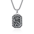 Vintage dragon relief square pendant necklace in titanium steel for men with box chain - Necklace (With Chain) / Steel