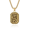 Vintage gold-plated dragon relief pendant necklace with square pearl chain for men - Necklace (With Chain) / Gold