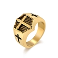 Men's vintage golden stainless steel shield ring featuring embossed cross design - Size 7 / Gold