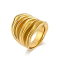 Golden wide wave pleated stainless steel ring with dynamic multi-layer flowing lines - Size 6 / Gold