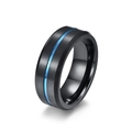 Anillo minimalista de tungsteno negro mate de 8mm con ranura azul pulida y banda interna - Línea Azul con Interior Negro