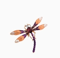 Detalle del broche de libélula con base de aleación dorada, alas esmaltadas y gema roja - Morado