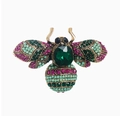 Vintage gold bee brooch featuring emerald green stone and colorful crystal accents - Green