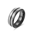 Men's 8mm tungsten ring with brushed silver surface and black grooved center line - Two-tone Frosted Black