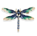 Spilla vintage a libellula in lega dorata con smalto blu-verde e gemma blu incastonata - Blu