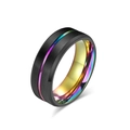 Anillo de acero de tungsteno negro de 8 mm con interior arcoíris y ranura central - Negro con arcoíris