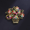 Vintage flower basket brooch with colorful rhinestones on a gold-tone metal base - Colorful Flower Basket Style (X112919)