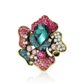 Elegant floral rhinestone brooch with a green teardrop gemstone in vintage gold finish - Multicolor Flower (Item X112919)