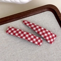 Detail of red and white checkered fabric hair clips on a wooden tray set of two - Red and White Checkered