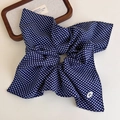 Detail of navy blue polka dot scrunchie with long ribbon bow and delicate white charm - Square Ribbon Hair Tie (27275B)