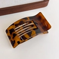 Detail view of large leopard print flat hair claw clip with glossy finish and metal spring - Yellow Leopard Square Clip (27373F)